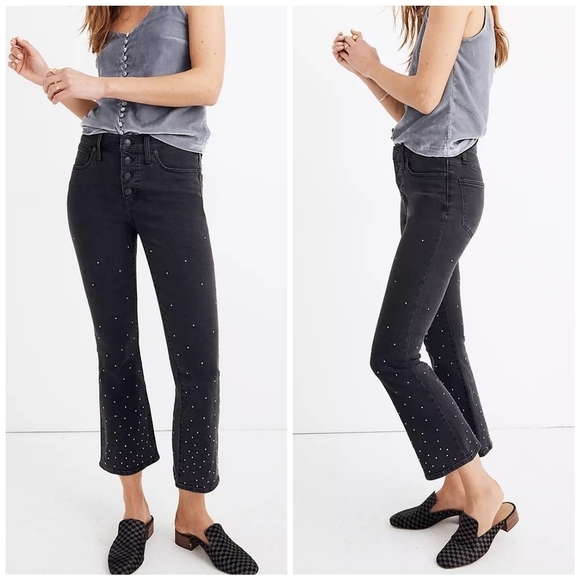 Madewell Black Scattered Metallic Dot High Rise Cali Demi Boot Cut Flare Jeans - Picture 1 of 15